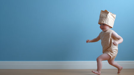 Playful Child in Paper Bag Costume Against Blue Wall, AIの素材
