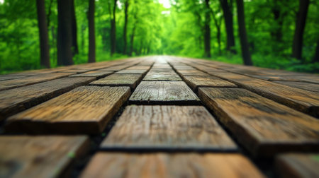 Wooden Pathway Through Lush Green Forest, AIの素材