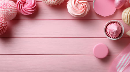 Pink Dessert-Themed Flat Lay with Macarons and Cupcakes, AIの素材