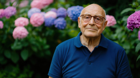 Elderly Man in Garden with Colorful Hydrangeas, AIの素材