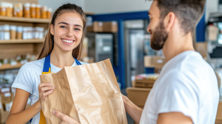 Smiling Grocery Clerk Assisting Customer with Paper Bag, AIの素材