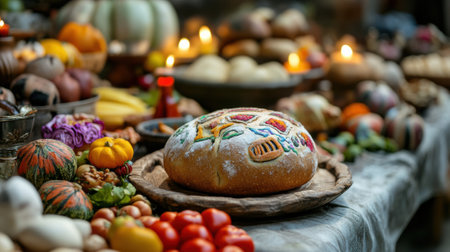 Festive Harvest Table with Traditional Bread and Autumn Produce, AIの素材
