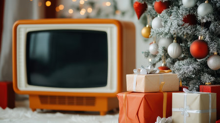 Retro Holiday Scene with Vintage TV and Festive Decor, AIの素材