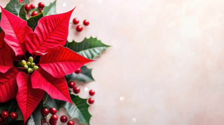 Vibrant Poinsettia and Holly Arrangement on Soft Background, AIの素材