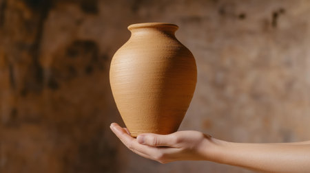 Handcrafted Clay Vase Held in Hand Against Rustic Background, AIの素材