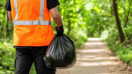 Worker Cleaning a Forest Path in Bright Orange Vest, AIの素材