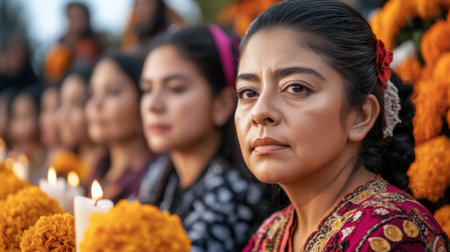 Women Celebrating DÃ­a de los Muertos with Candles and Marigolds, AIの素材