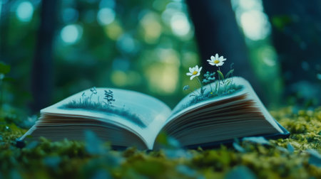 Open Book with Blossoming Flowers in a Forest Setting, AIの素材