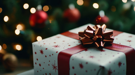 Festive Gift Box with Red Ribbon Under Christmas Tree, AIの素材