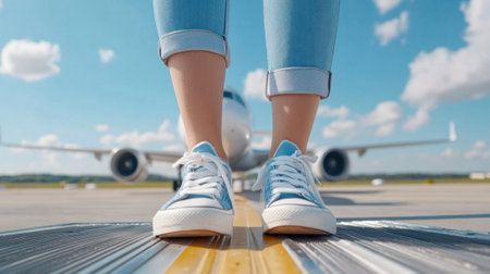 Sneakers on Runway with Airplane in Background, AIの素材