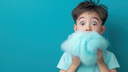 Young Boy Enjoying Fluffy Blue Cotton Candy Against a Teal Background, AIの素材