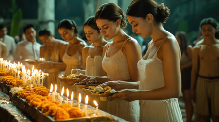 Women in Traditional Ceremony with Candlelit Offerings, AIの素材