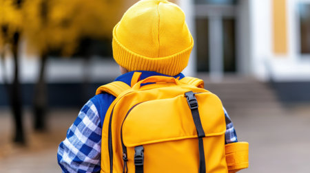 Child in Bright Yellow Outfit with Backpack, AIの素材