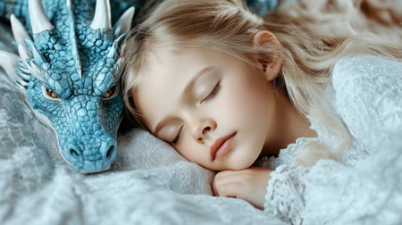 Sleeping Child with a Blue Dragon Plush, AIの素材