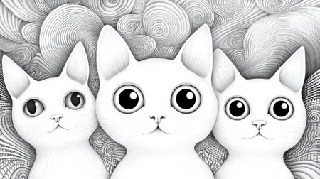 Three white cats with black and gray hair are in a patterned background, AIの素材