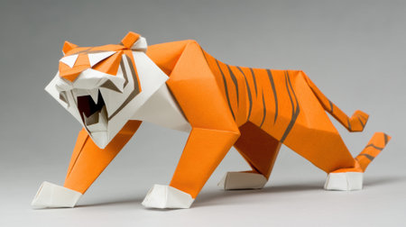 A paper tiger with mouth open and claws out on gray background, AIの素材