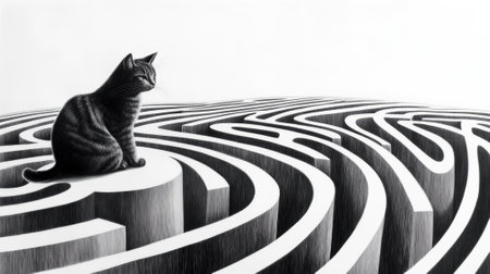 A black and white drawing of a cat sitting in front of an maze, AIの素材