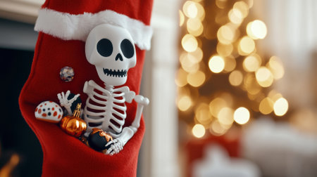Skeleton in a Christmas stocking with festive ornaments and a blurred tree, AIの素材