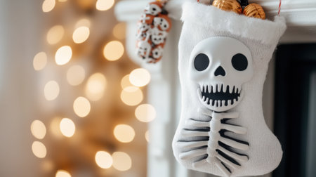 A festive Halloween stocking with a skeleton design hangs by a cozy fireplace, AIの素材