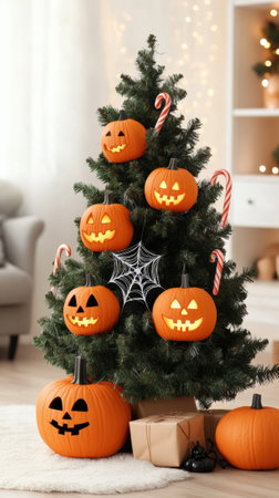 Halloween-themed Christmas tree with glowing pumpkins and candy canes, AIの素材