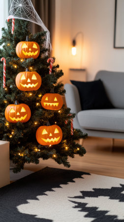 Halloween-themed Christmas tree adorned with glowing jack-o-lanterns, AIの素材