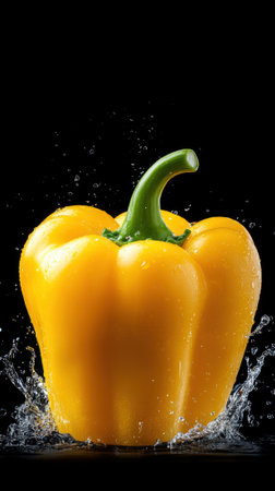 Yellow bell pepper splashes into water against a black background, creating a dynamic scene, AIの素材