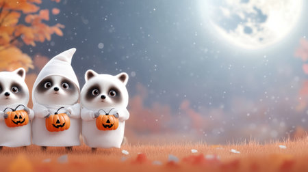 Adorable raccoons dressed as ghosts hold pumpkin lanterns under a full moon, AIの素材