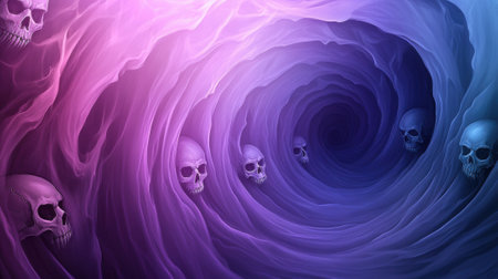 Eerie skulls spiral into a mystical vortex of purple and blue hues, AIの素材