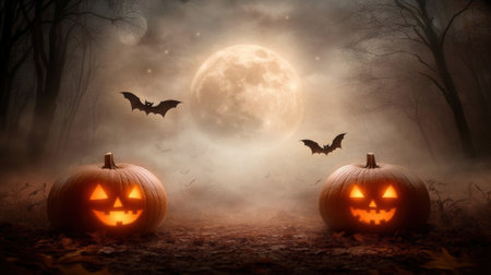 Two glowing jack-o-lanterns under a full moon create a spooky Halloween scene, AIの素材