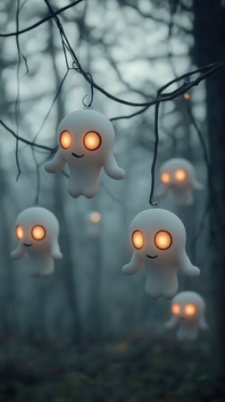 Cute ghost lanterns glow warmly in a misty forest, creating a whimsical Halloween scene, AIの素材