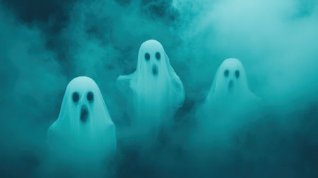 Three eerie ghosts float in a misty, teal fog, creating a spooky atmosphere, AIの素材