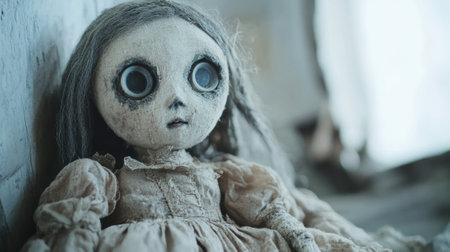 Creepy Vintage Doll with Large Eyes in Abandoned Setting, AIの素材