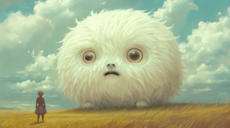 Giant Fluffy Creature in Surreal Landscape, AIの素材