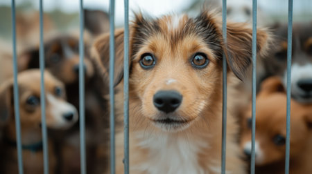 Adorable Puppies Behind Shelter Bars, AIの素材