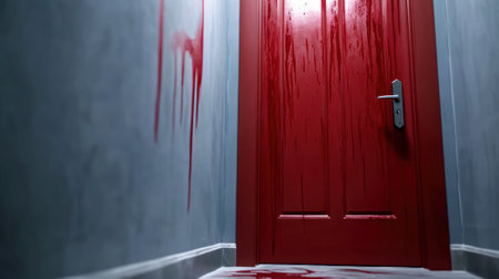 Red Door with Dripping Red Paint in Dimly Lit Hallway, AIの素材