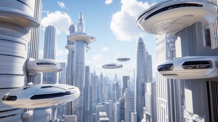 Futuristic Cityscape with Flying Cars, AIの素材