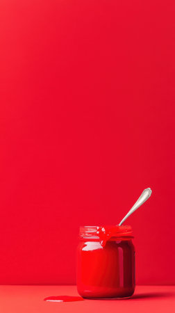 Jar of Vibrant Red Paint with Spoon Against Bold Red Background, AIの素材