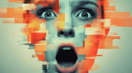 Surreal Digital Art of a Womans Face with Glitch Effect, AIの素材