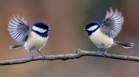 Two Great Tits Perched on a Branch with Wings Spread, AIの素材