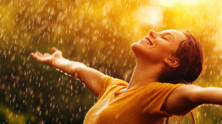 Joyful Woman Embracing Rain in Sunlit Forest, AIの素材