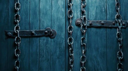 Rustic Wooden Door with Chains and Iron Hinges, AIの素材