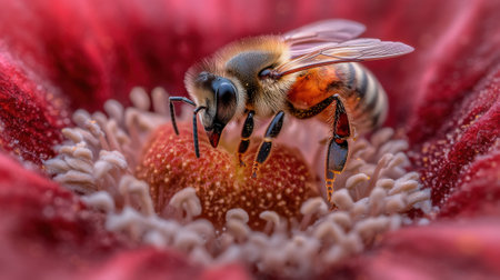 Bee Pollinating a Vibrant Red Flower, AIの素材