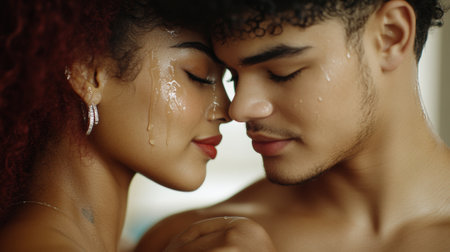 Intimate Moment Between a Young Couple with Water Droplets, AIの素材