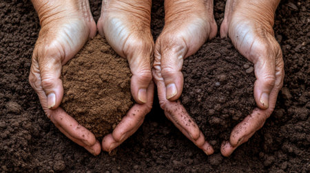 Hands Holding Rich and Fertile Soil in a Garden Setting, AIの素材