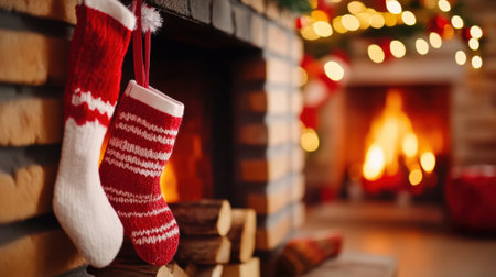 Cozy Christmas Fireplace with Stockings and Warm Glow, AIの素材