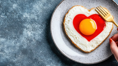 Heart-Shaped Egg with Tomato Sauce on Plate, AIの素材