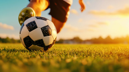 Soccer Player Kicking Ball at Sunset on Grass Field, AIの素材