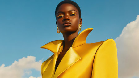 Bold Fashion Statement: Woman in Vibrant Yellow Suit, AIの素材