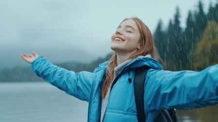 Joyful Girl Embracing Rain in Scenic Forest, AIの素材
