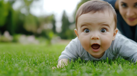 Baby Crawling on Grass with Parent in Background, AIの素材